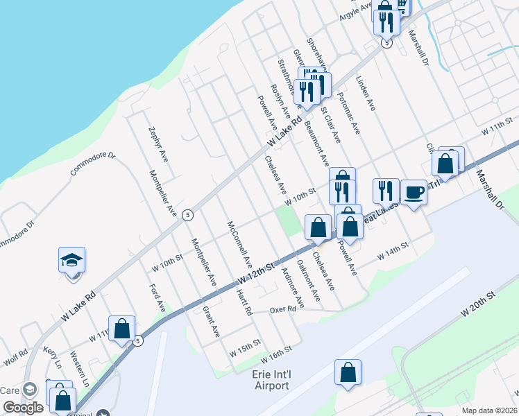 map of restaurants, bars, coffee shops, grocery stores, and more near 935 Ardmore Avenue in Erie