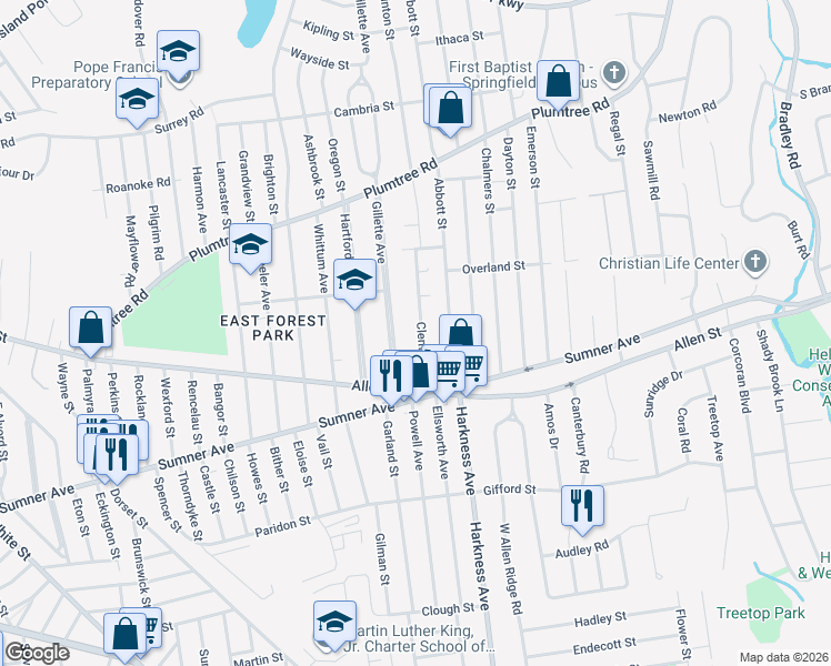 map of restaurants, bars, coffee shops, grocery stores, and more near 60 Clement Street in Springfield
