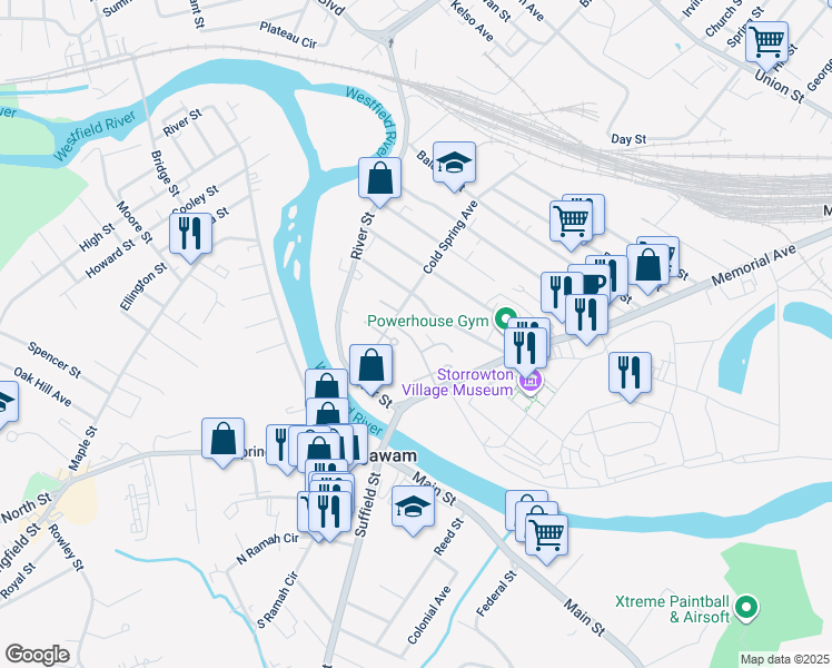 map of restaurants, bars, coffee shops, grocery stores, and more near 68 Colony Road in West Springfield