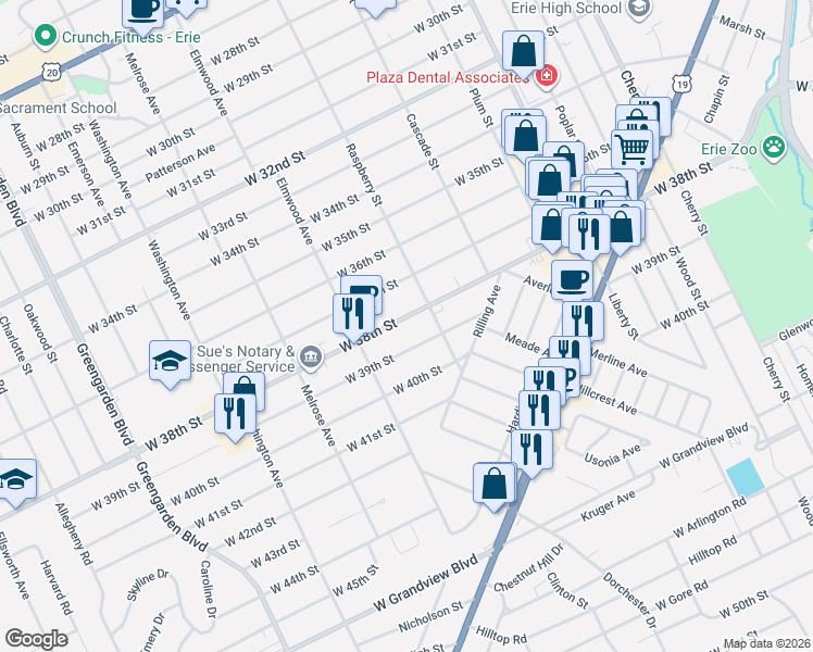 map of restaurants, bars, coffee shops, grocery stores, and more near 1127 West 38th Street in Erie