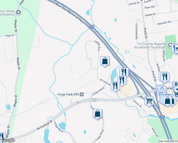 map of restaurants, bars, coffee shops, grocery stores, and more near 28 Anthony Road in Franklin