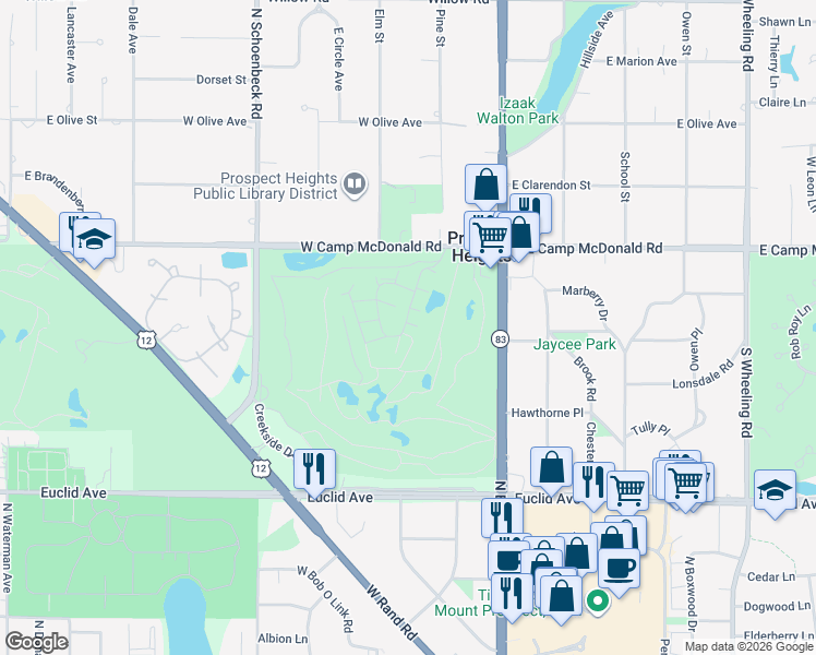 map of restaurants, bars, coffee shops, grocery stores, and more near 107 West Manshire Place in Mount Prospect