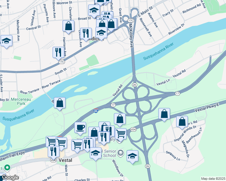 map of restaurants, bars, coffee shops, grocery stores, and more near 329 Old Vestal Road in Vestal