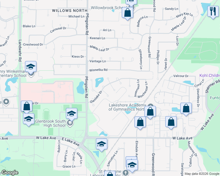 map of restaurants, bars, coffee shops, grocery stores, and more near 2114 Trowbridge Court in Glenview