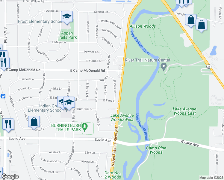 map of restaurants, bars, coffee shops, grocery stores, and more near 1410 North Park Drive in Mount Prospect