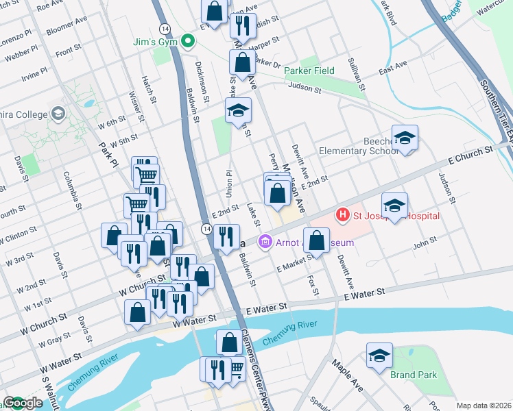 map of restaurants, bars, coffee shops, grocery stores, and more near 318 Lake St in Elmira