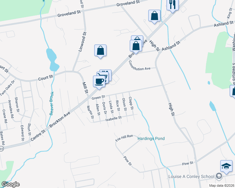 map of restaurants, bars, coffee shops, grocery stores, and more near 107 Green Street in Abington