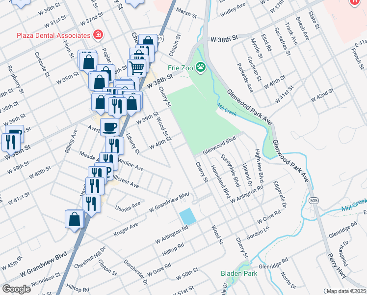 map of restaurants, bars, coffee shops, grocery stores, and more near 4101-4399 Cherry St in Erie