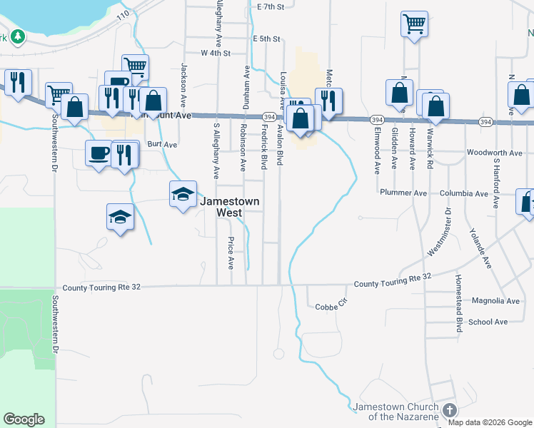 map of restaurants, bars, coffee shops, grocery stores, and more near 127 Fredrick Boulevard in Jamestown