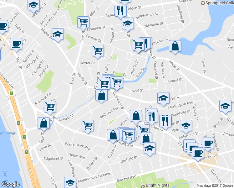 map of restaurants, bars, coffee shops, grocery stores, and more near 14 Orange St in Springfield