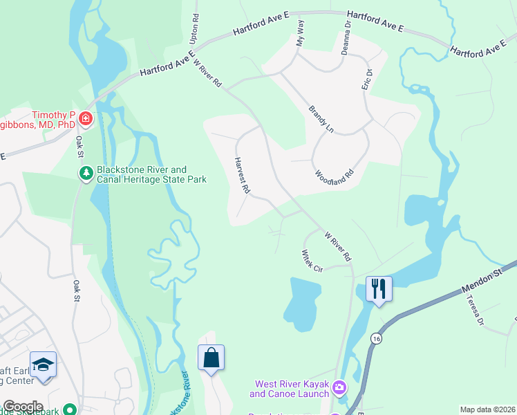 map of restaurants, bars, coffee shops, grocery stores, and more near 18 Harvest Road in Uxbridge