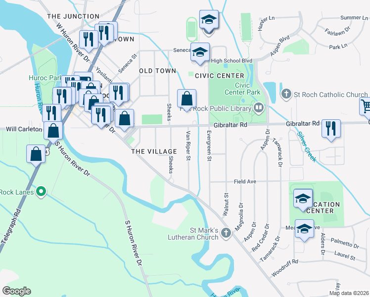 map of restaurants, bars, coffee shops, grocery stores, and more near 29136 Van Riper Street in Flat Rock