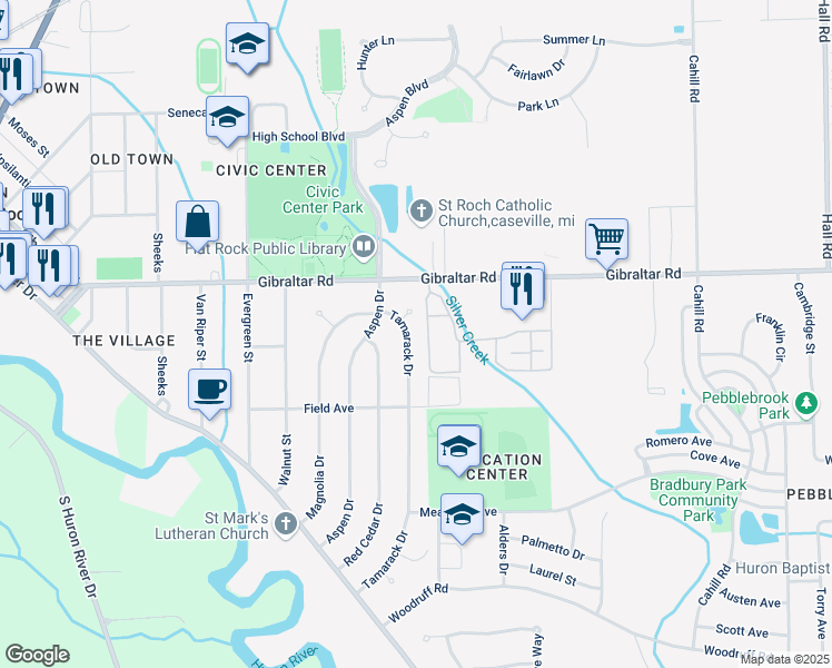 map of restaurants, bars, coffee shops, grocery stores, and more near 29331 Tamarack Drive in Flat Rock