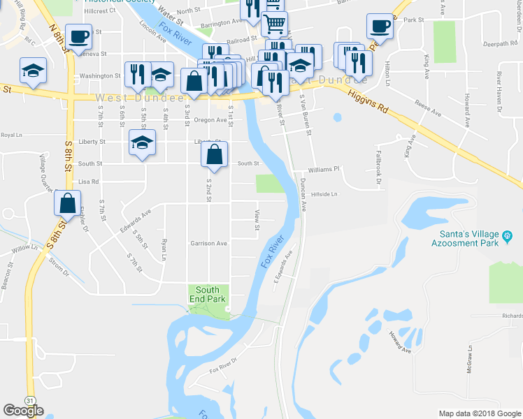 map of restaurants, bars, coffee shops, grocery stores, and more near 507 View Street in West Dundee