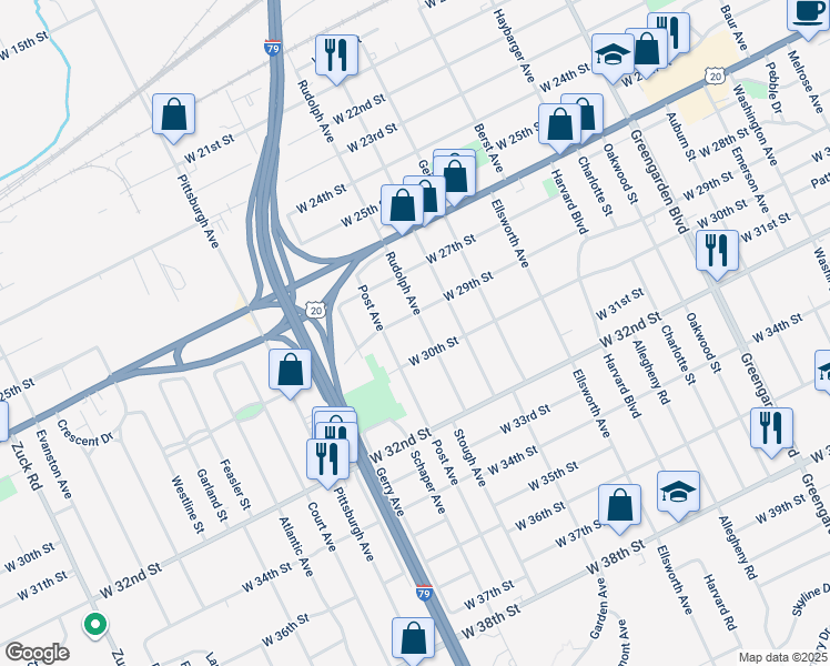 map of restaurants, bars, coffee shops, grocery stores, and more near 2916 Rudolph Ave in Erie