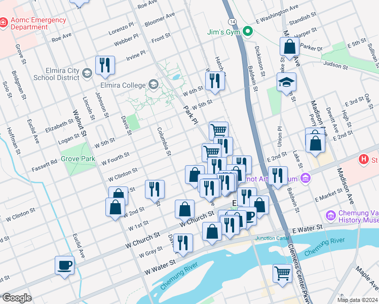 map of restaurants, bars, coffee shops, grocery stores, and more near 516 College Avenue in Elmira