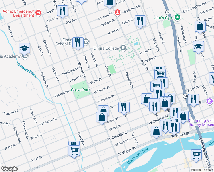 map of restaurants, bars, coffee shops, grocery stores, and more near 416 West Fourth Street in Elmira