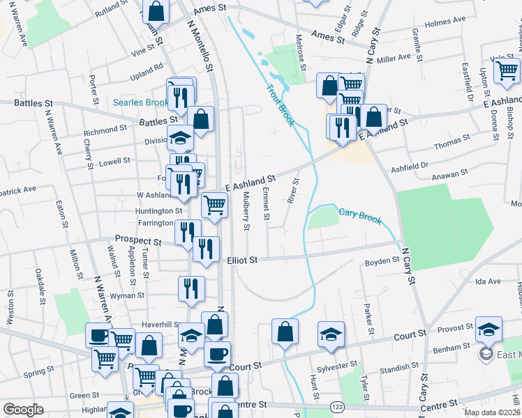 map of restaurants, bars, coffee shops, grocery stores, and more near 65 Emmet Street in Brockton