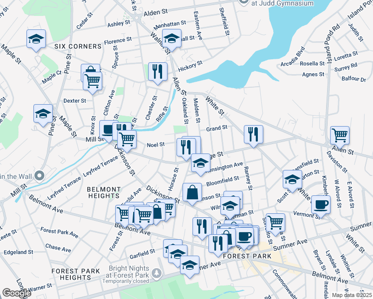map of restaurants, bars, coffee shops, grocery stores, and more near 299 Oakland Street in Springfield
