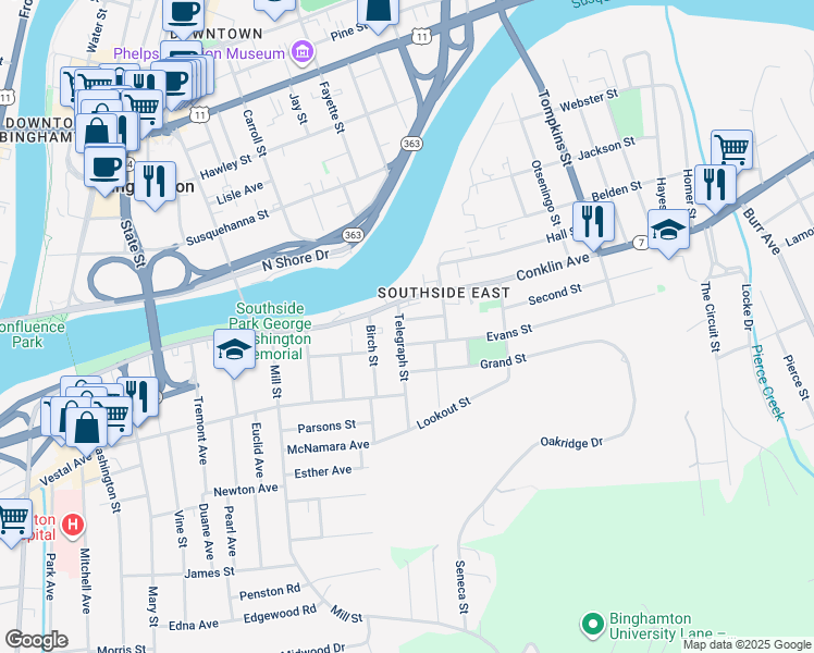 map of restaurants, bars, coffee shops, grocery stores, and more near in Binghamton