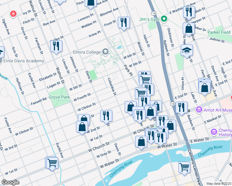 map of restaurants, bars, coffee shops, grocery stores, and more near 318 West Clinton Street in Elmira