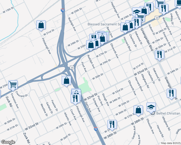 map of restaurants, bars, coffee shops, grocery stores, and more near 2916 Rudolph Avenue in Erie