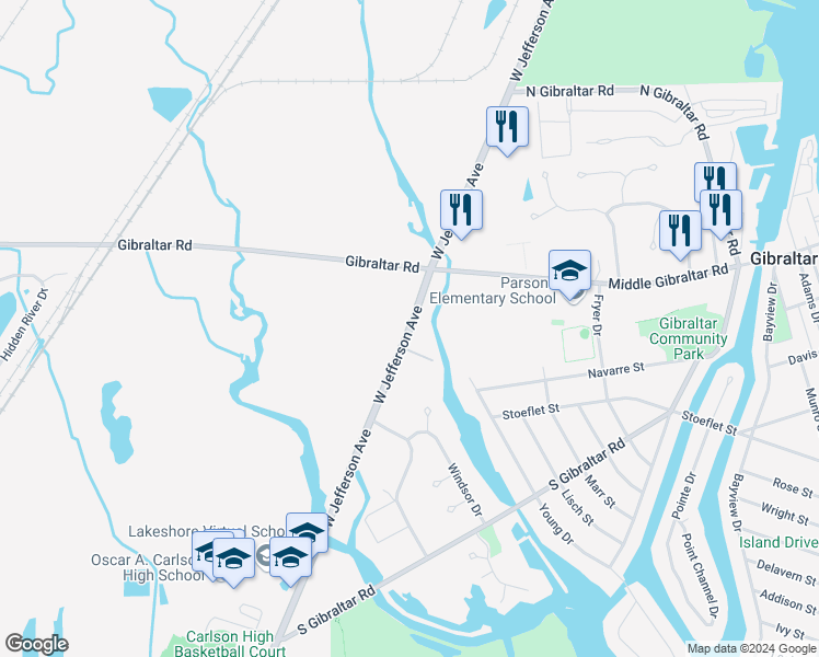 map of restaurants, bars, coffee shops, grocery stores, and more near 29255 West Jefferson Avenue in Gibraltar