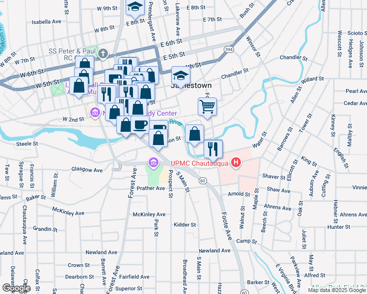 map of restaurants, bars, coffee shops, grocery stores, and more near 106-108 West Harrison Street in Jamestown