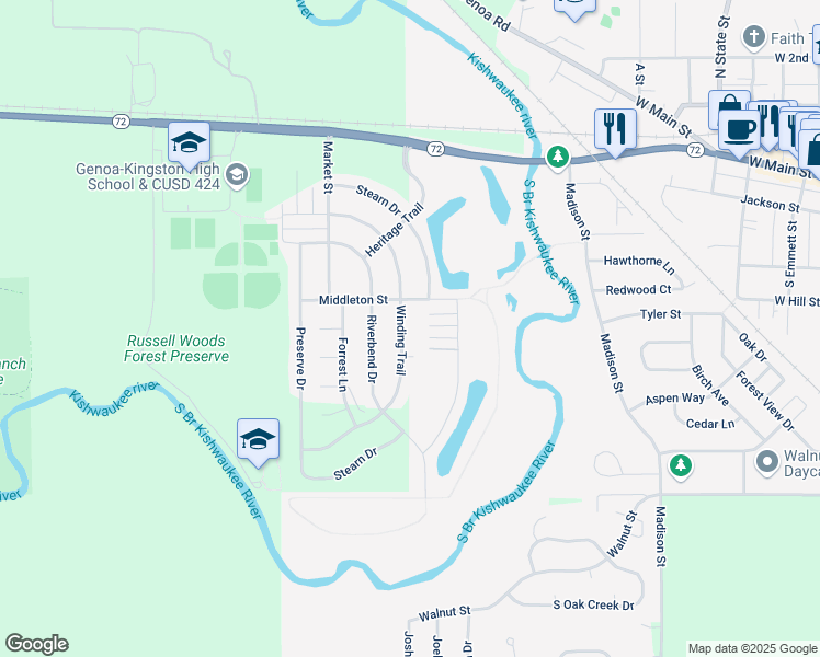 map of restaurants, bars, coffee shops, grocery stores, and more near 406 Winding Trail in Genoa
