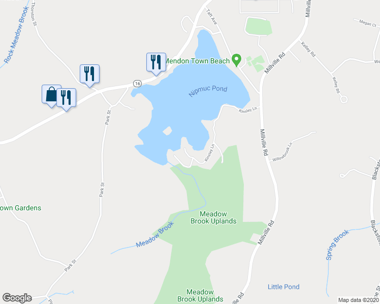 map of restaurants, bars, coffee shops, grocery stores, and more near 49 Kinsley Lane in Mendon