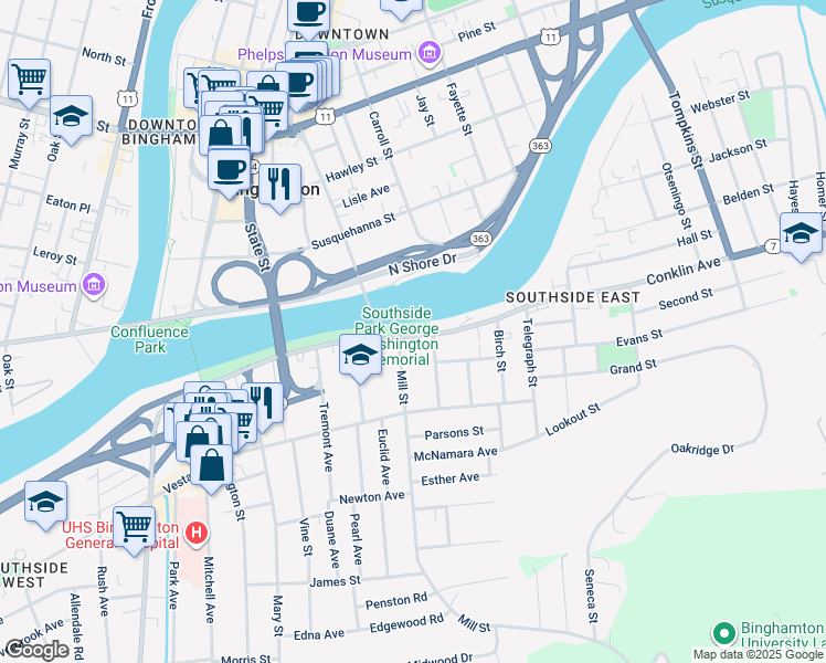 map of restaurants, bars, coffee shops, grocery stores, and more near 115 Conklin Avenue in Binghamton