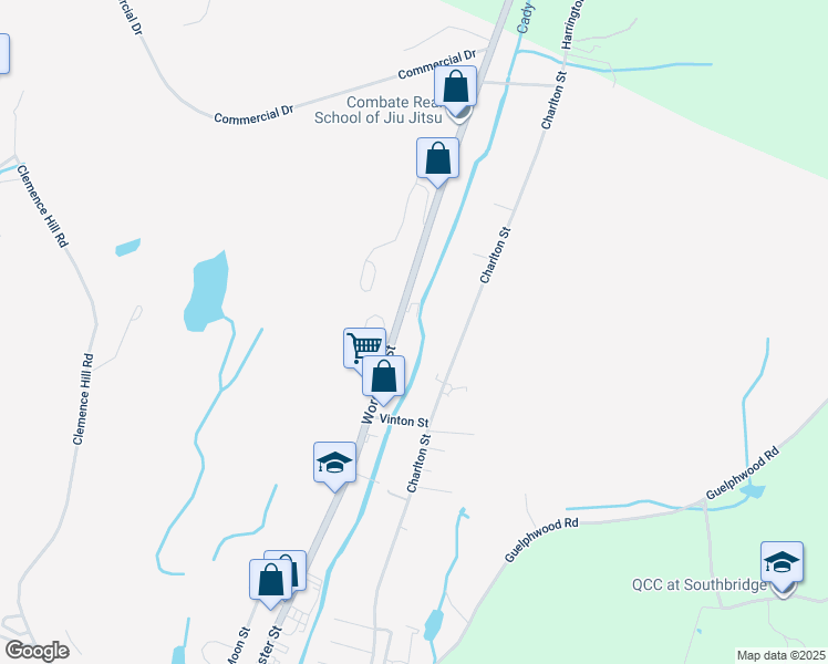 map of restaurants, bars, coffee shops, grocery stores, and more near 576 Worcester Street in Southbridge
