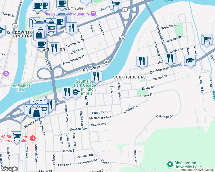 map of restaurants, bars, coffee shops, grocery stores, and more near 4 Birch Street in Binghamton