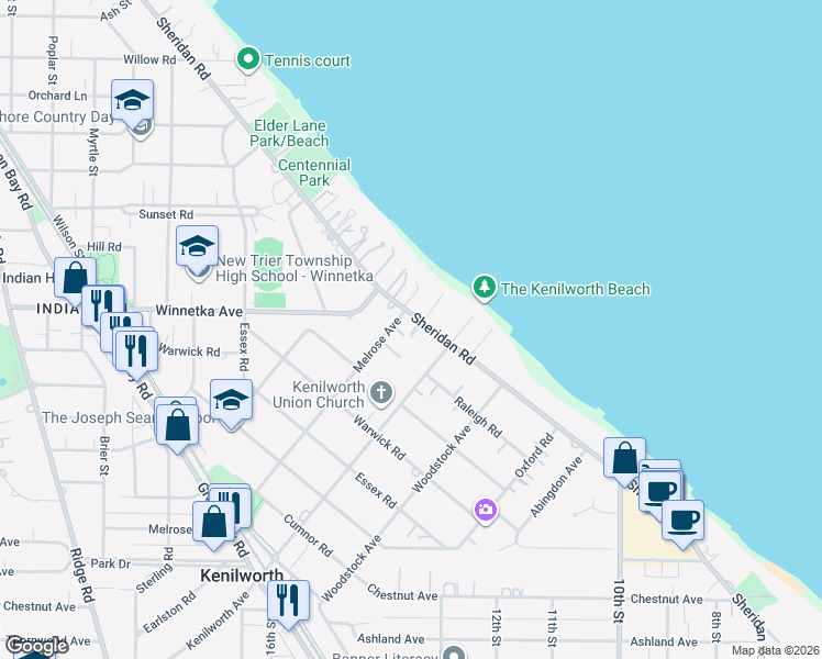 map of restaurants, bars, coffee shops, grocery stores, and more near 430 Sheridan Road in Kenilworth