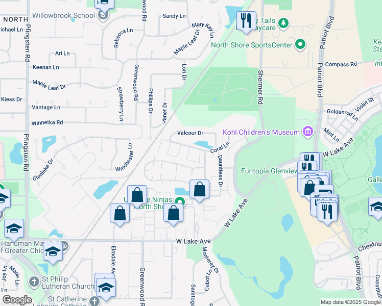 map of restaurants, bars, coffee shops, grocery stores, and more near 3141 Coral Lane in Glenview