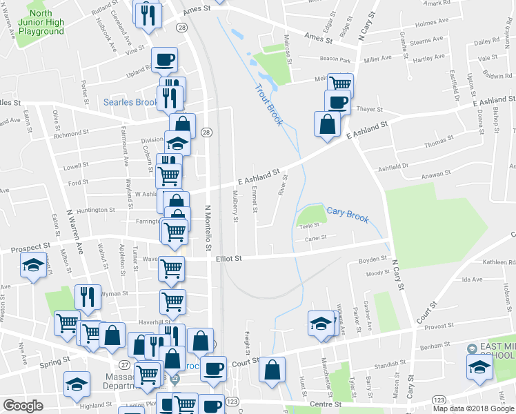 map of restaurants, bars, coffee shops, grocery stores, and more near 65 Emmet Street in Brockton