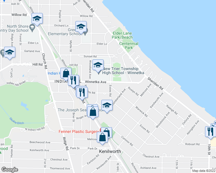map of restaurants, bars, coffee shops, grocery stores, and more near 82 Essex Road in Winnetka