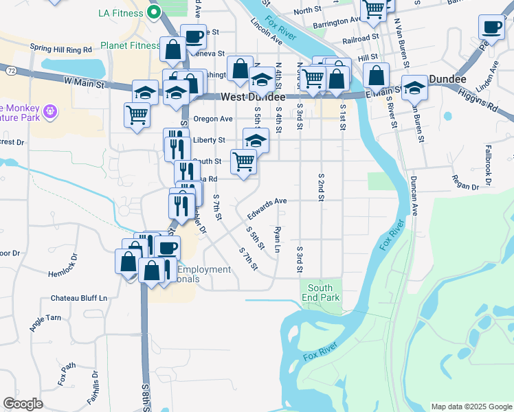 map of restaurants, bars, coffee shops, grocery stores, and more near 434 Edwards Avenue in West Dundee