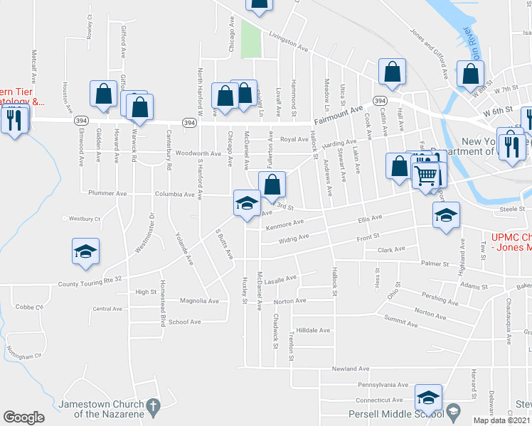 map of restaurants, bars, coffee shops, grocery stores, and more near 87 Hunt Avenue in Jamestown
