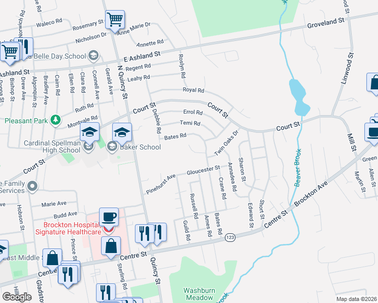 map of restaurants, bars, coffee shops, grocery stores, and more near 30 Irene Circle in Brockton