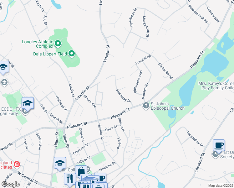 map of restaurants, bars, coffee shops, grocery stores, and more near 9 Monterey Drive in Franklin