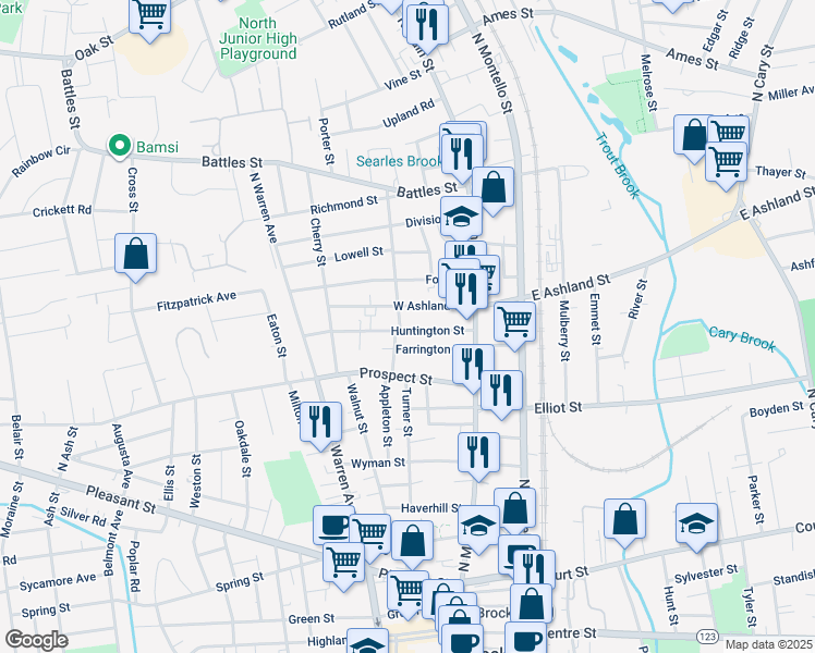 map of restaurants, bars, coffee shops, grocery stores, and more near 55 Huntington Street in Brockton