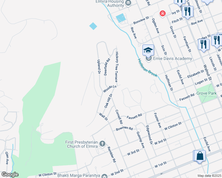map of restaurants, bars, coffee shops, grocery stores, and more near 11 Woods Ln in Elmira