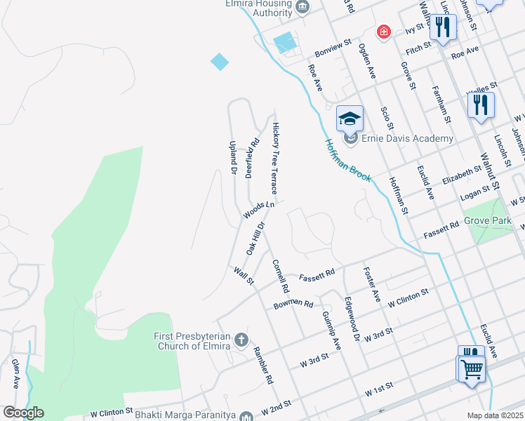 map of restaurants, bars, coffee shops, grocery stores, and more near 11 Woods Lane in Elmira