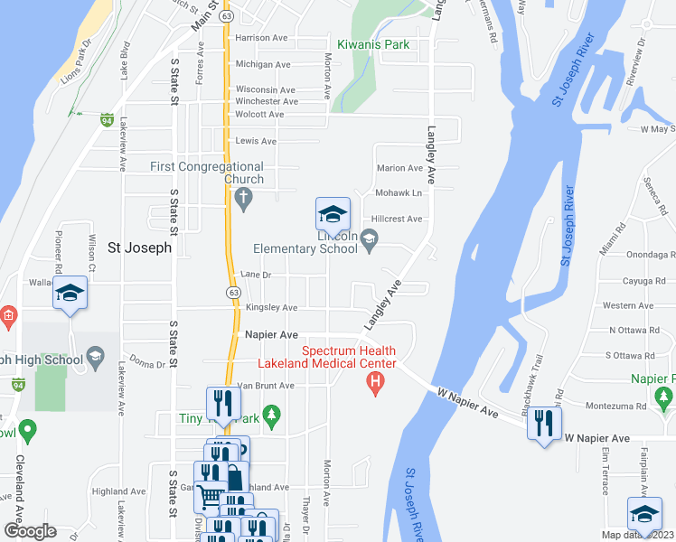 map of restaurants, bars, coffee shops, grocery stores, and more near 2211 Morton Avenue in St. Joseph
