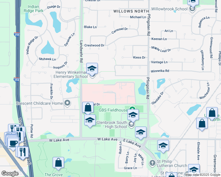 map of restaurants, bars, coffee shops, grocery stores, and more near 2100 Pfingsten Road in Glenview