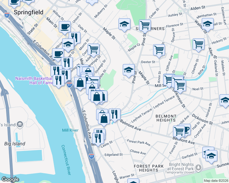 map of restaurants, bars, coffee shops, grocery stores, and more near 79 Acushnet Avenue in Springfield