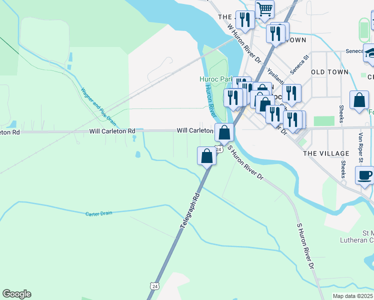 map of restaurants, bars, coffee shops, grocery stores, and more near 14993 Toledo Street in Flat Rock