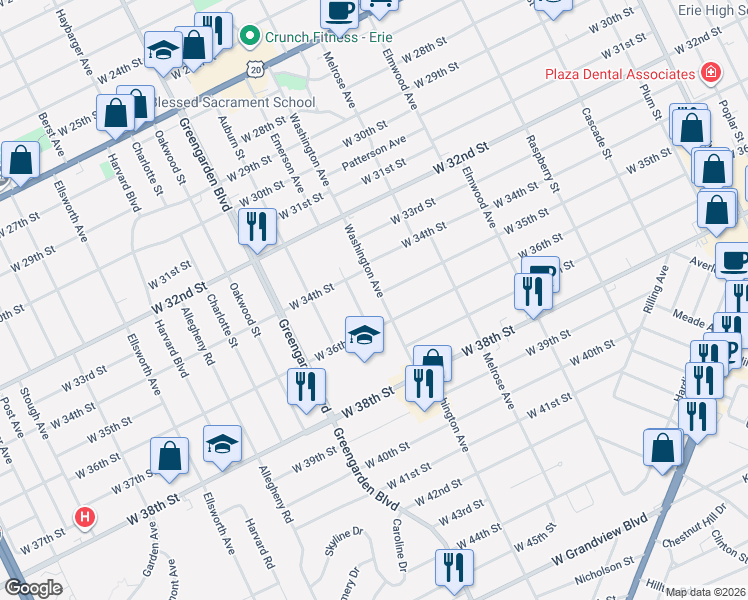 map of restaurants, bars, coffee shops, grocery stores, and more near 3504 Washington Ave in Erie