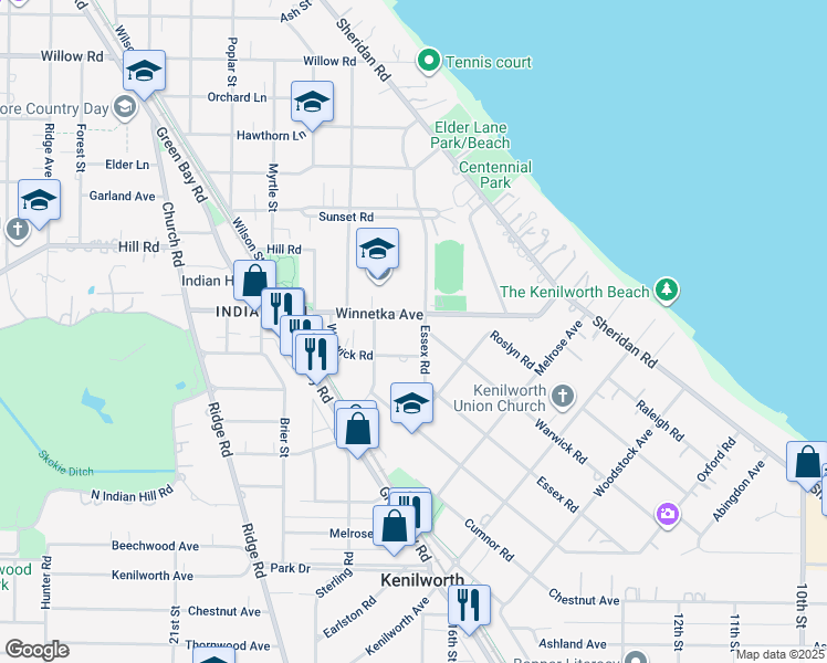 map of restaurants, bars, coffee shops, grocery stores, and more near 82 Essex Road in Winnetka